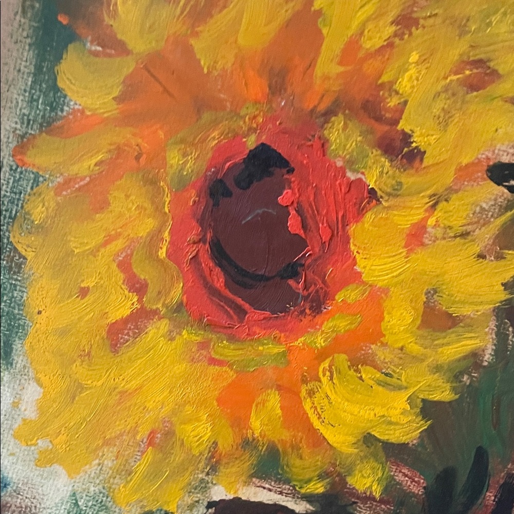 Sunflower Art Mixed Media Painting in Dark Green Frame ~ Etienne 1973 Rare art - Picture 3 of 16
